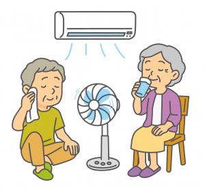 高齢者が涼みながら水分補給しているイラスト
