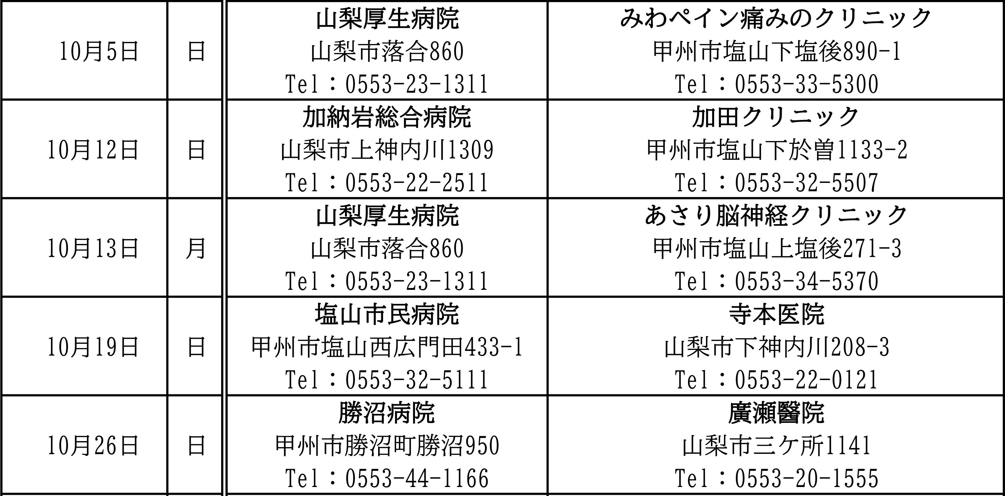 10月 休日救急医療当番表