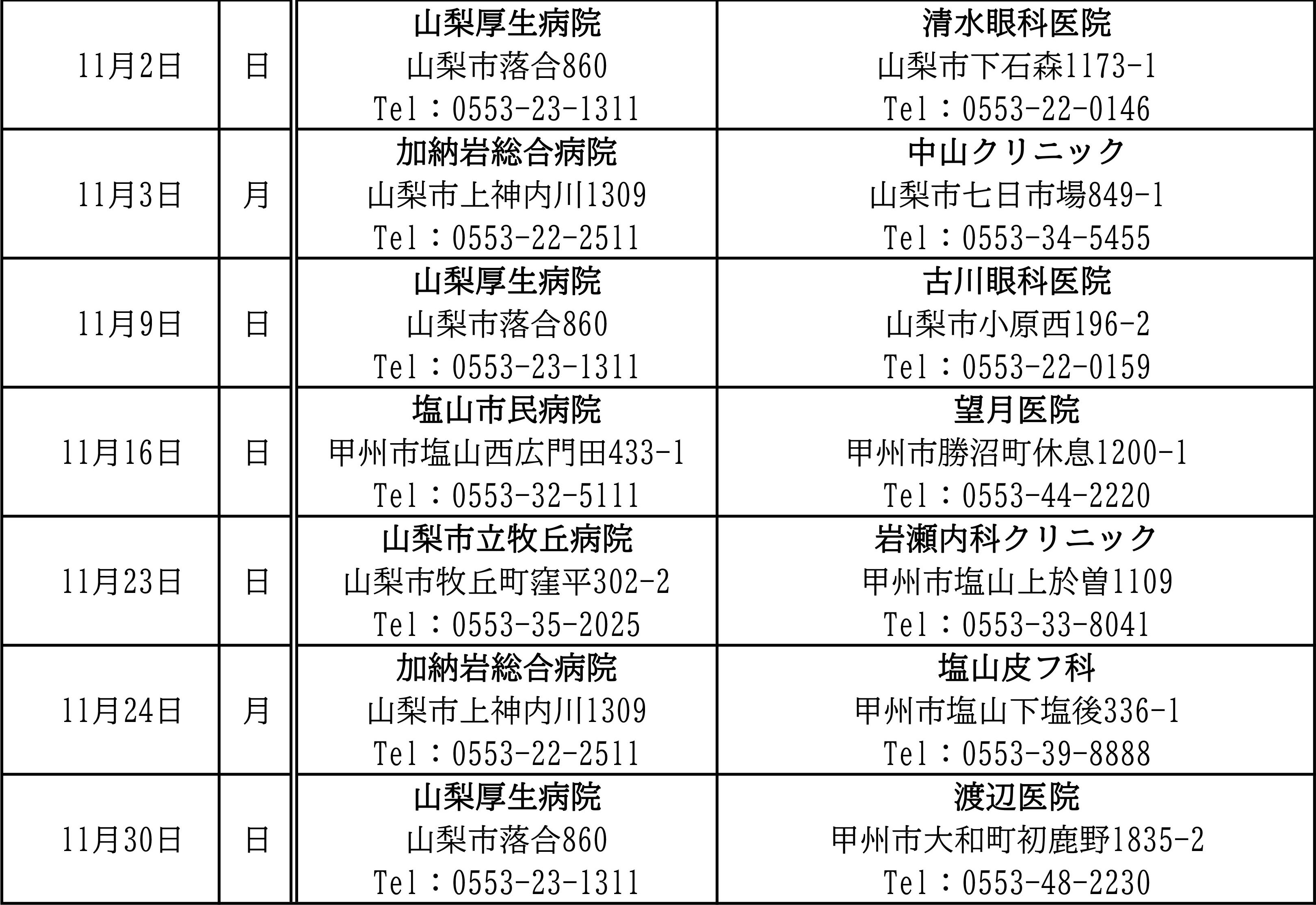 11月 休日救急医療当番表